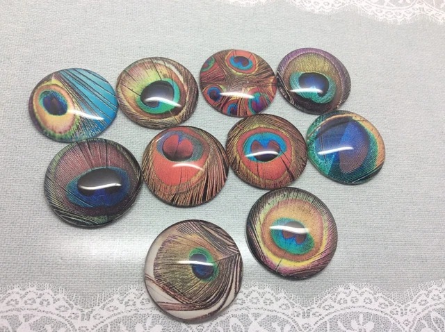 10 Peacock Feather Cabochons 16-25mm Mixed Round Glass Picture Dome Flat Back