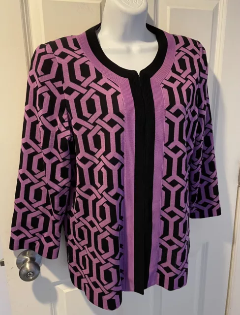 Misook Medium Purple Black Geometric Print Hook Eye Jacket