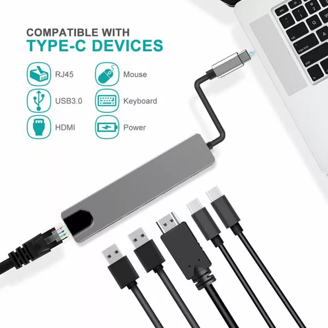 Adapter USB-C Expander USB 3.1 Type-C Hub RJ45 Ethernet 4K HDMI For Laptop PC