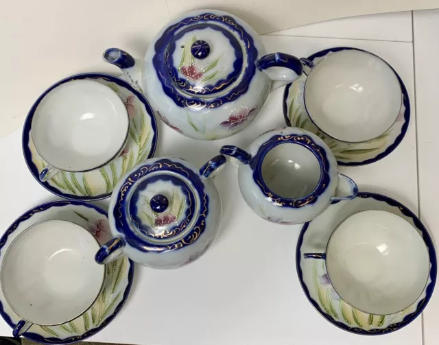 Antique 1800's Nippon Rare Japanese 13 Piece’s tea set Cobalt Blue Pink Floral 3