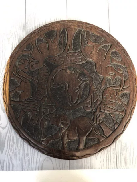 Vintage Hand-Carved Wooden Decorative African Animal Circle Plate/Platter 16"