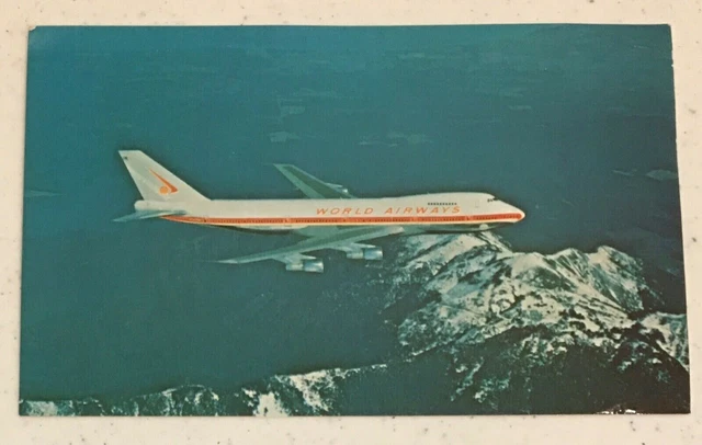 747c CARTOLINA VINTAGE INUTILIZZATA World Airways 747C Jetliner In Flight ...