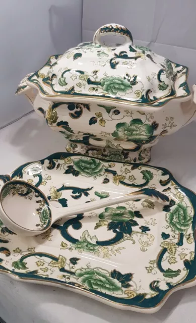 Masons's Patent Ironstone China  Green Chartreuse Tureen with Ladle & Underplat