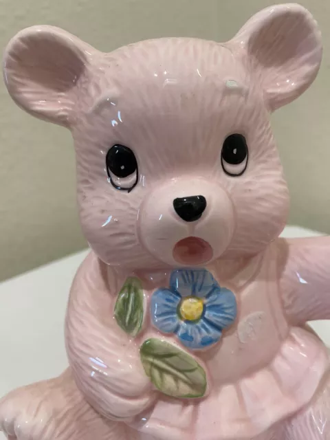 VTG Ceramic Pink Teddy Bear Bank Nursery Figurine Baby Bear Piggy Bank Kitsch 6”