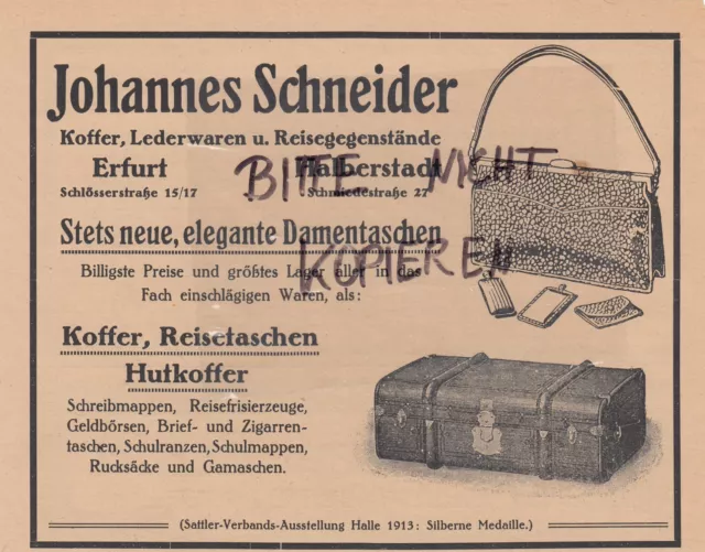 ERFURT HALBERSTADT, Werbung 1920, Johannes Schneider Koffer Lederwaren Reisegege