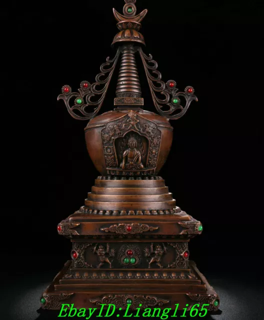 15,7" Tibet Tempel Buddhismus Bronze Inlay Gem Buddha Stupa Pagoda Tower Statue