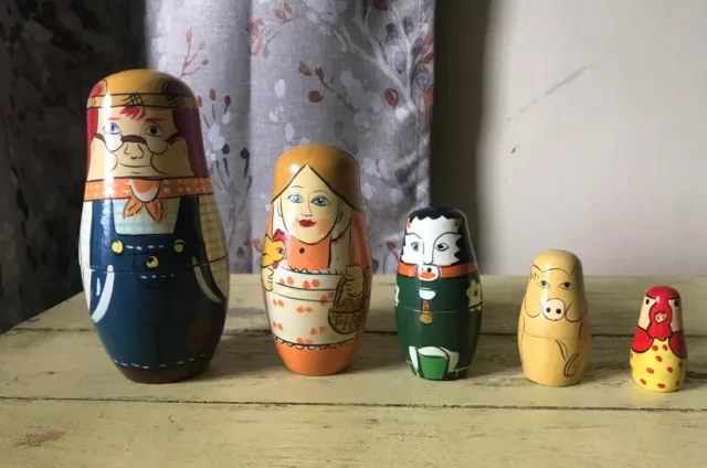 Vintage 5 Pc Farmer Pig Cow chicken Russian Stacking Doll Set