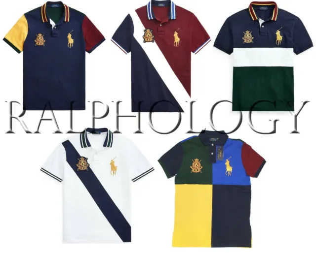 Polo Ralph Lauren Mens Custom Slim Fit Big Pony Gold Crest Block Mesh Polo Shirt