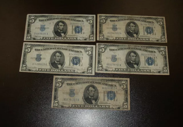 Five (5) 1934 $5 Silver Certificate Notes - 1934 (4), 1934D  - F/VF Notes