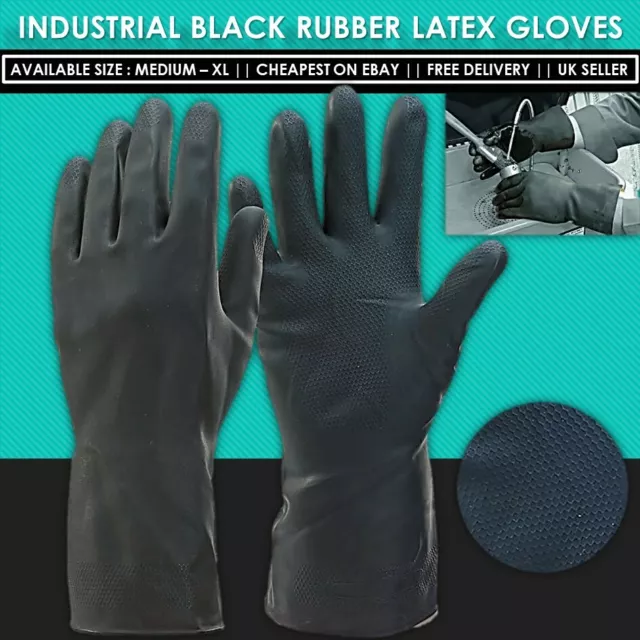 Extra Heavy Duty Industrial Black Rubber Latex Gloves Household Long Gauntlet
