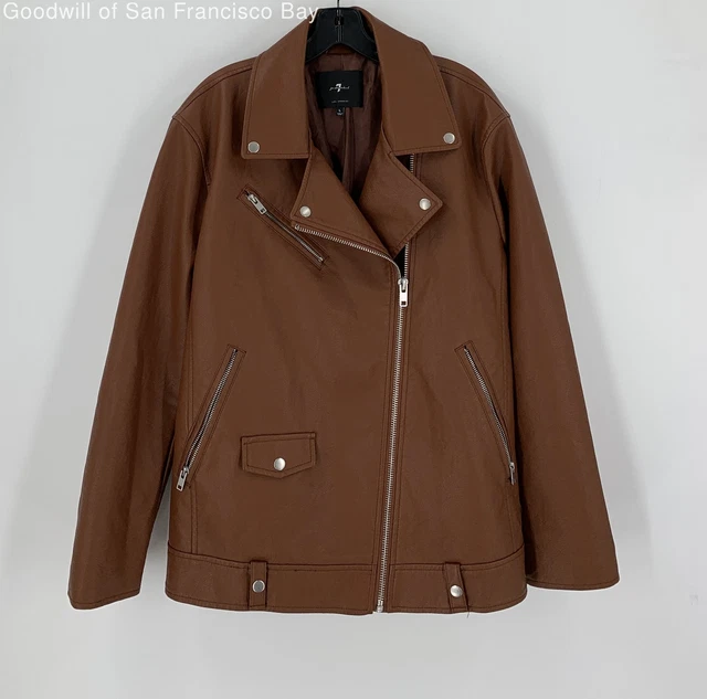 7 For All Mankind Mens Brown Full Zipped Pockets Faux Leather Biker Jacket L