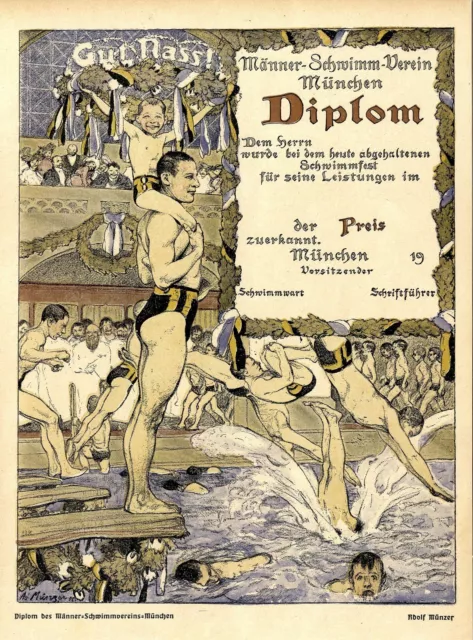 Adolf Münzer Diplom des Männer-Schwimmvereins-München Entwurf Druck von 1906