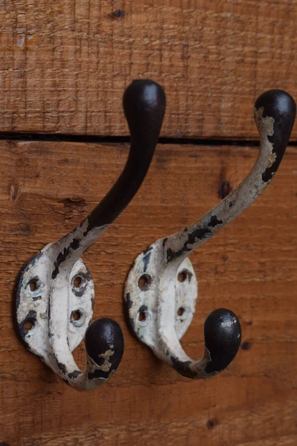 Pair Reclaimed Old Painted Coat Hooks pegs rack stand vintage original antique 2