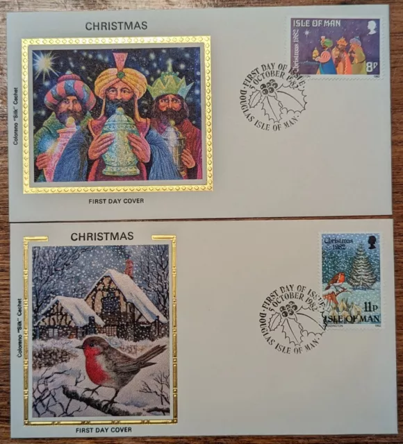 Isle of Man 1982 #221-222 Christmas Colorano Silk Cachet FDC