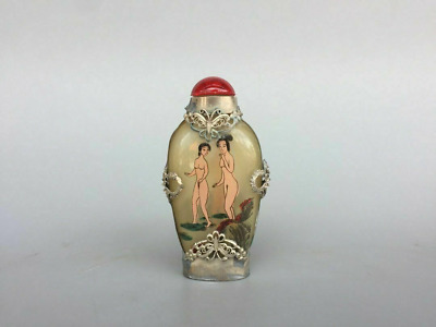Chinese old beijing glass built-in painting Tibetan silver inlaid snuff bottle