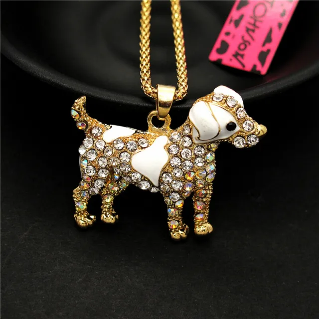 Fashion Women Cute White Enamel Crystal Dog Rhinestone Pendant Chain Necklace