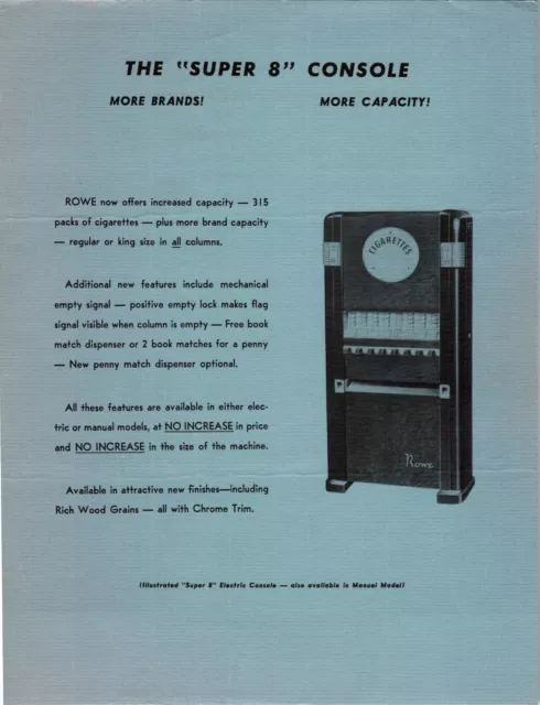 Rowe Super 8 Console Cigarette Vending Machine Flyer 1953 Promo Art 8.5" x 11"