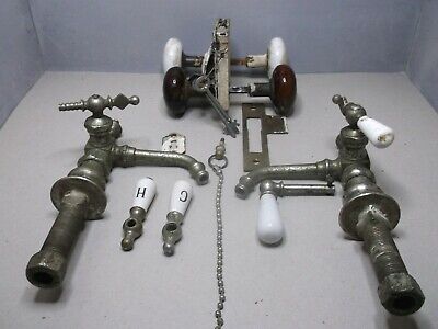 Antique Plated Brass Faucets 1877 & Berks Lock/Latch/Skeleton Keys Ceramic Knobs
