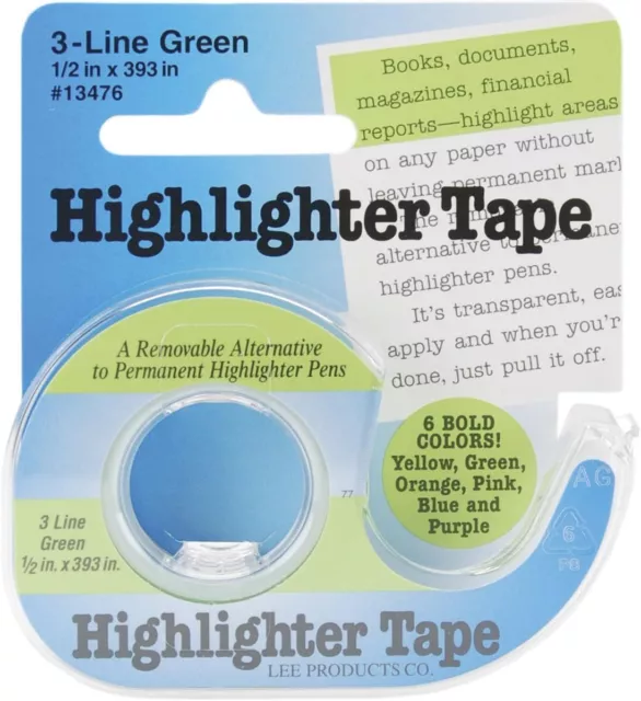 Lee Products Co. Lee 3-Line Removable Wide Highlighter Note Tape, 1/2 X 393 in,