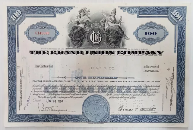 AOP United States The grand Union Company 1964 share certificate for 100 share