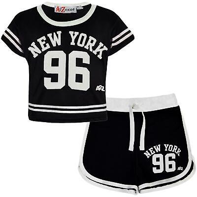 Bambine Pantaloncini New York 96 Nero Crop Top Hot Short Pantalone Estate Abbigliamento Set