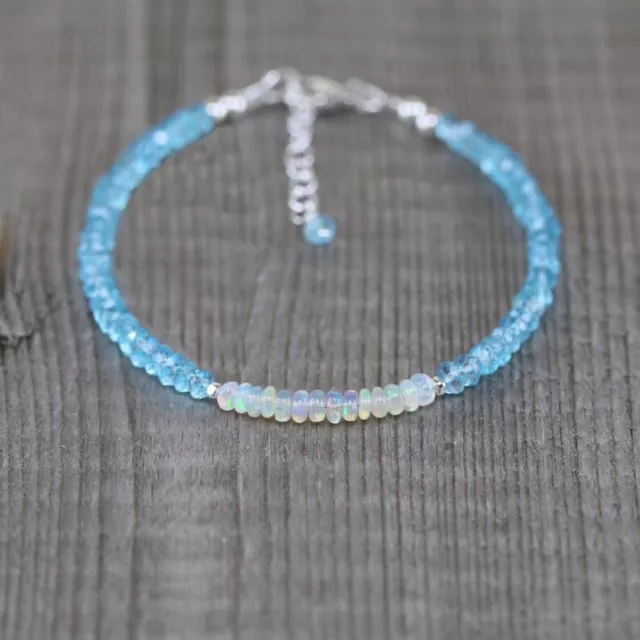 Véritable Blanc Éthiopien Welo Opale + Topaze Bleu 3-4mm Perlé Rondelle Bracelet