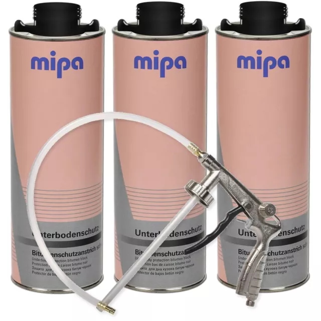 Mipa UBS Set 3x Unterbodenschutz Bitumen 1L + Druckluft Unterbodenschutz Pistole