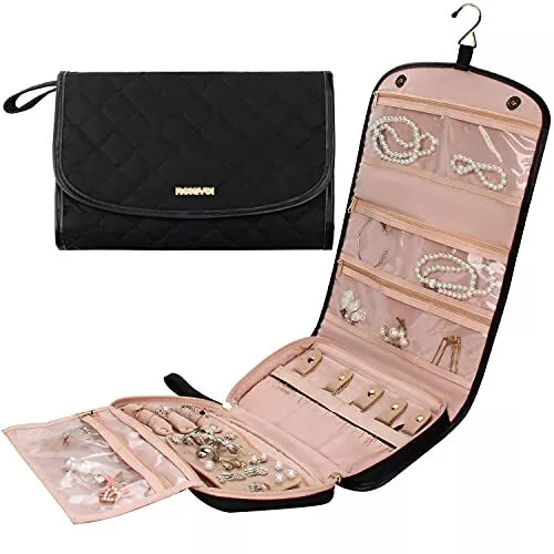 Travel Jewelry Organizer Roll with Zipper Pockets Large Hanging Jewelry Roll Bag