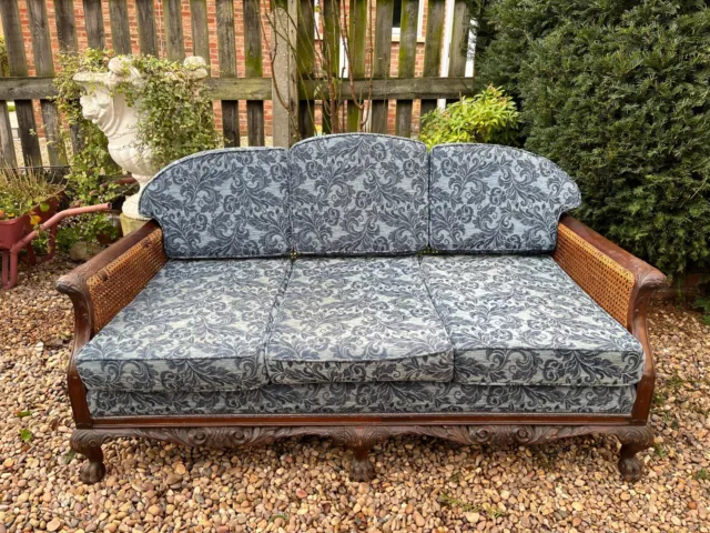 Early 20th Century Mahogany Framed Bergere 3 Seat Sofa + Upholstered Cushions