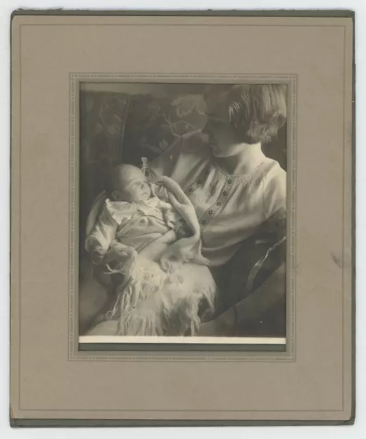 Antique Circa 1900s Cardboard Framed Photo Beautiful Loving Mother And Baby