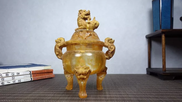 Chinese old Coloured glaze gilt hand carved exquisite lion incense burner 106284