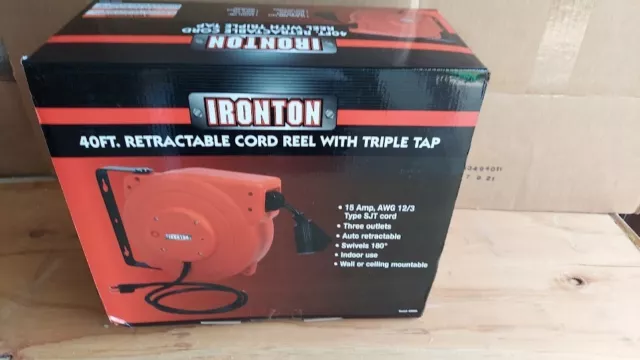 NEW! IRONTON RETRACTABLE Extension Cord Reel - 40ft 12/3, Triple Tap ...