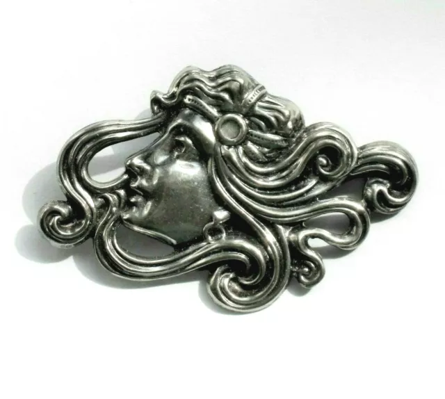 Fabulous Woman's HEAD Profile PIN  Art Nouveau Style Repousse Silver Tone Brooch