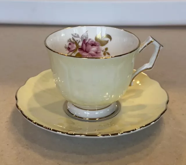 Aynsley Bone China Small Cup & Saucer Yellow with Pink Rose and Gold Trim