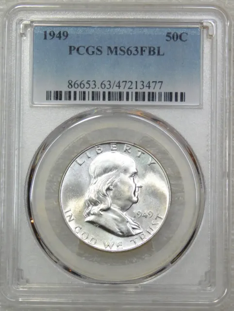 1949 Franklin Half Dollar PCGS MS63FBL Frosty White Full Bell Lines, PQ #H338E