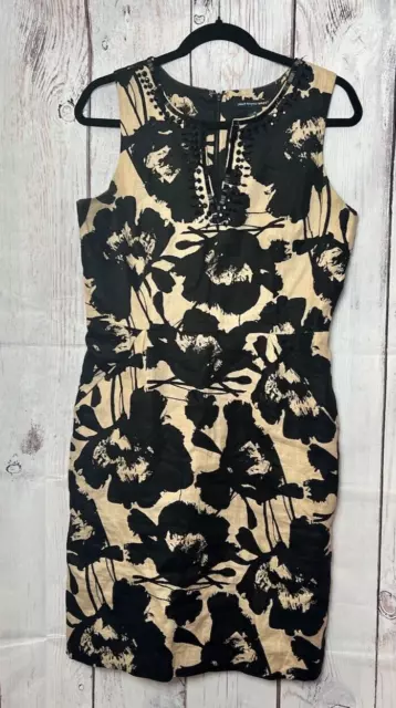 ST. TROPEZ WEST Black Beige Floral Sleeveless Linen Beaded Dress Size 8 ...