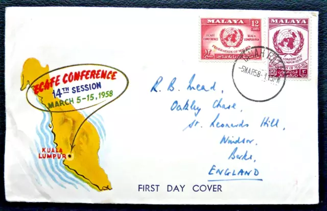 Malaya 1958 ECAFE Conference, very fine FDC from Muar, Johore to England