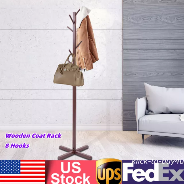 Wooden Coat Rack Stand Free Standing Tree Clothes Hanger Hat Coat Rack 8 Hooks