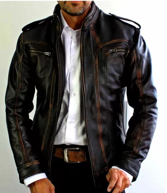 Mens Vintage Distressed Black Motorcycle Biker Cafe Racer Genuine Leather Jacket