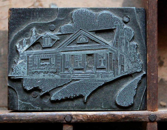 Quaint Mid-century House with Trees Letterpress Print Block-- Vintage Typeset