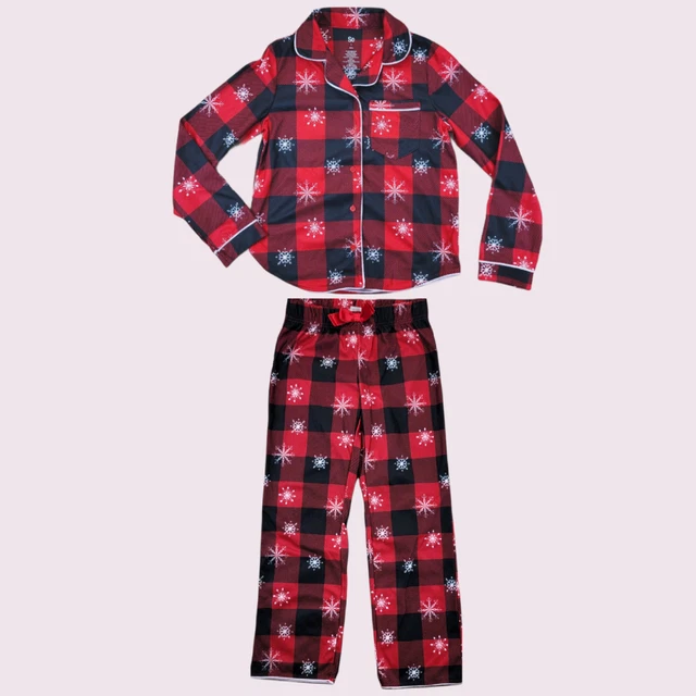 SO Girls 7 Black/Red/Plaid Snowflake Winter Holiday Pajama Fleece Pant 2pc PJnew