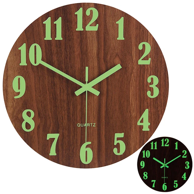 12& WOODEN LUMINOUS Wall Clock Glow In The Dark Night Light Silent ...