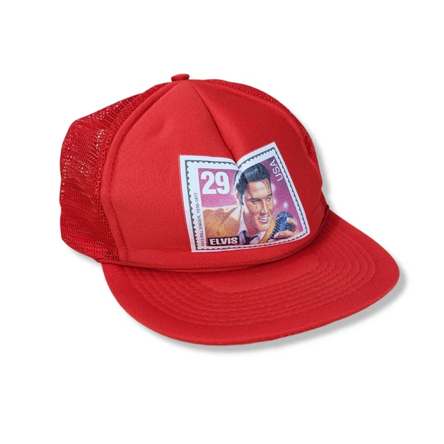 VINTAGE 1992 GOLD Medal Elvis Presley Stamp Red Snapback Trucker Hat ...