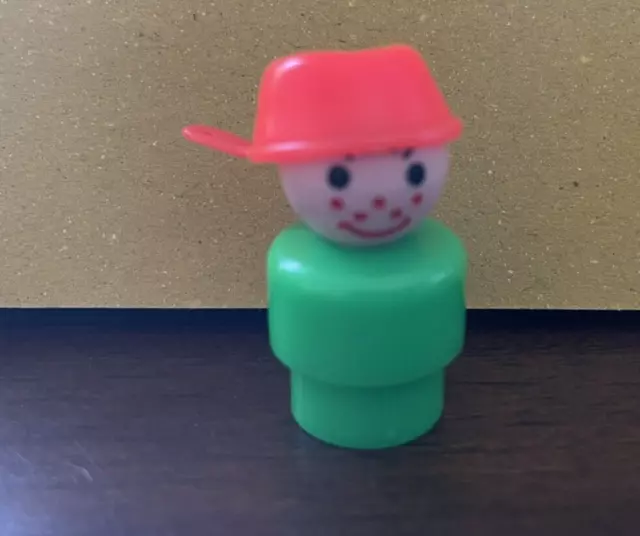 Vintage Fisher Price Little People Green Plastic Boy with Pot Pan on Head