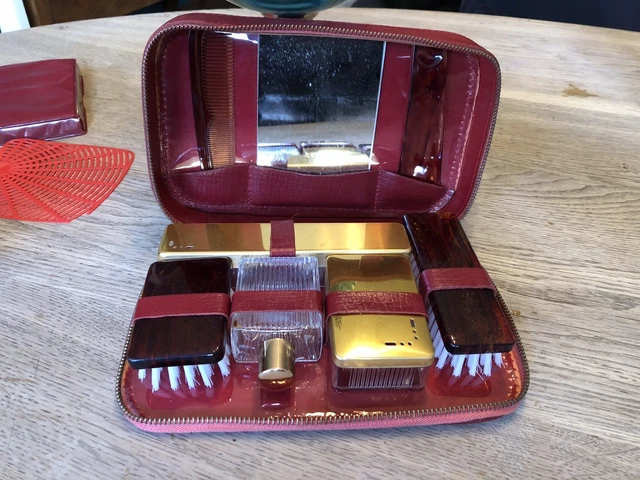 Trousse De Toilette Vintage En Cuir Noir – Complète – Fabriquée En France