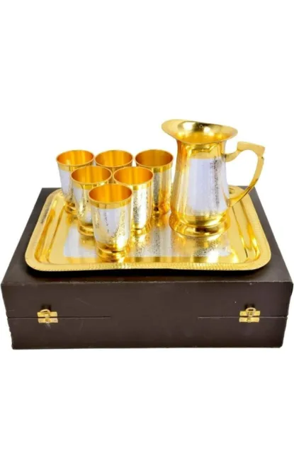 Elegant Designer Silver Gold Plated Brass Drinking Water Glass Jug Tray Combo 2