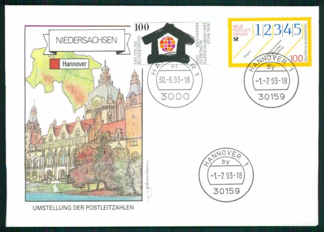 BRD SONDERBELGEG 1993 UMSTELLUNG ALTE/NEUE PLZ NIEDERSACHSEN HANNOVER eb57