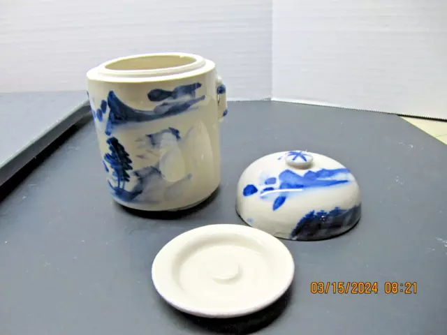 Tea Caddy Chinese Hand Painted Double Lid Handles Vintage 1940's Blue and White
