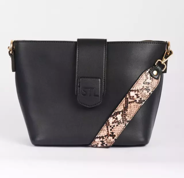 Strap The Label Chloe Black Vegan Faux Leather Bag Snake Print Strap