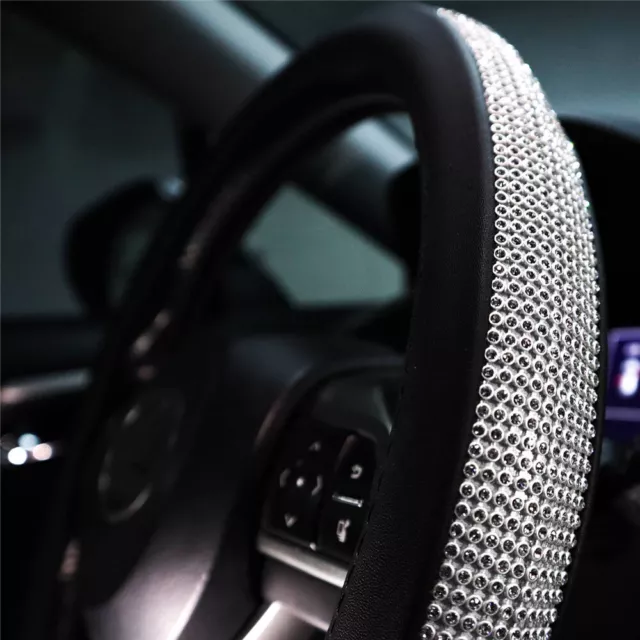 Diamond Steering Wheel Cover Diamante Sparkle Bling Crystal PU Leather 37-38cm